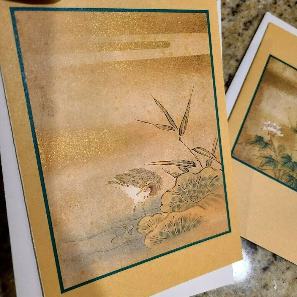 3 Kano Tanyu Blank Cards. Shimmer. Butterfly Mallow, Sparrows, Crane Lotus Pond